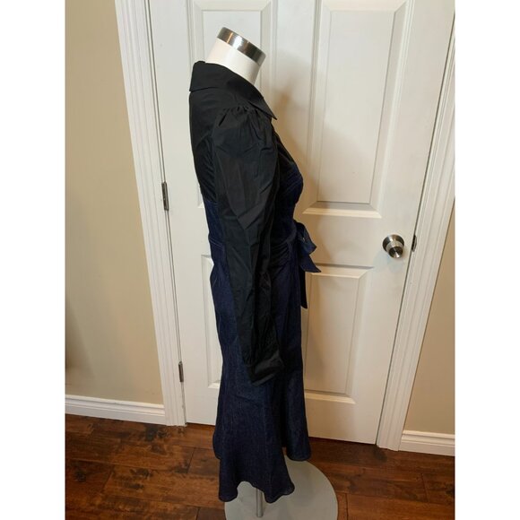 Marchesa Rosa Dark Wash Denim Layered Black Combo Collared Pencil Dress, Size 0 - Picture 4 of 8